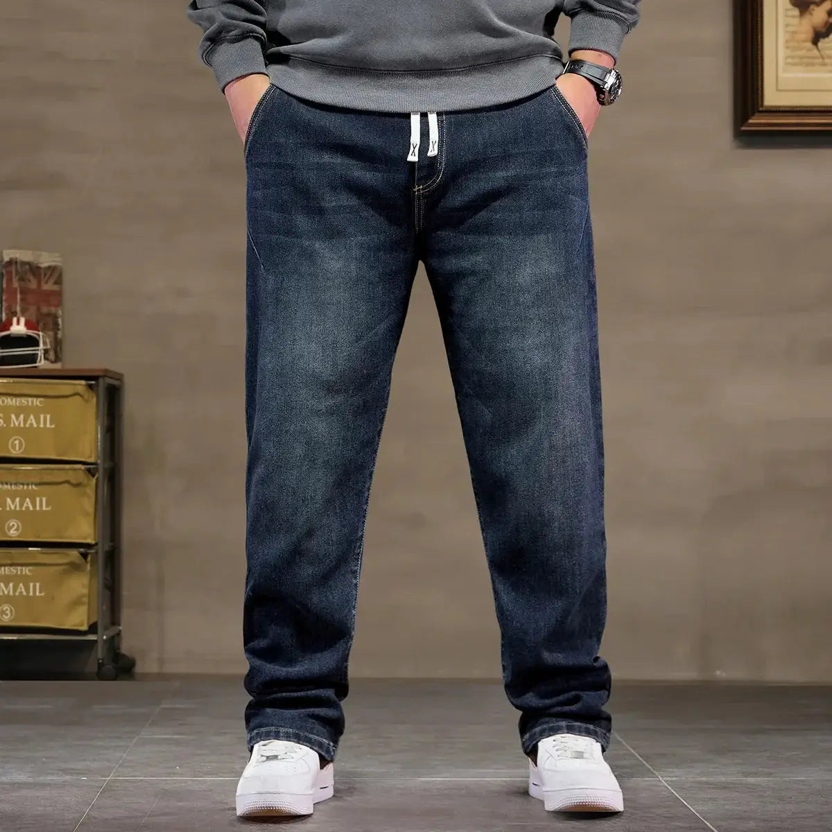 Men's extra-big baggy denim jeans with high-elastic waist, blue