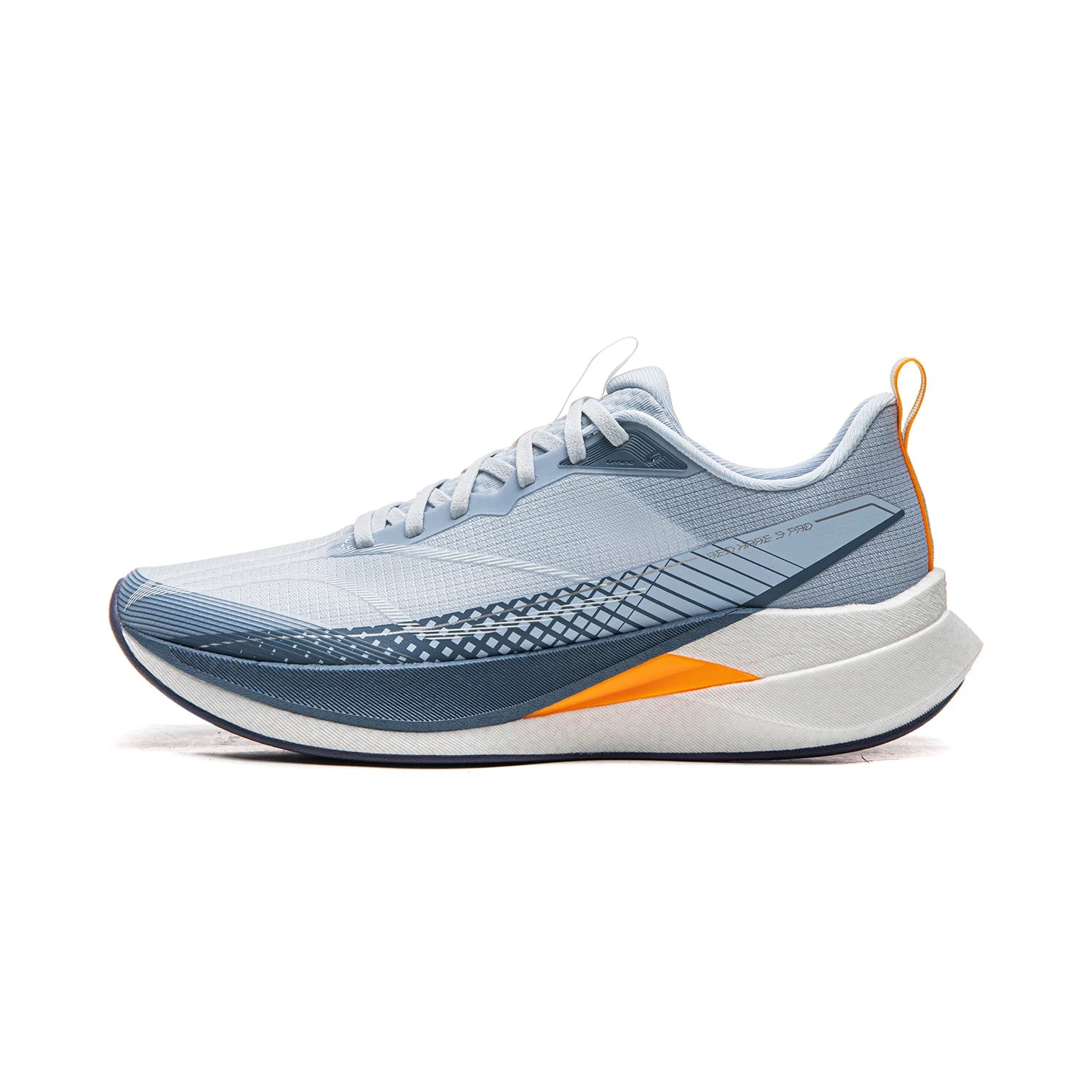 Li-Ning Red Hare 9 Pro racing shoes, blue-gray upper with orange heel tab and chunky white midsole.