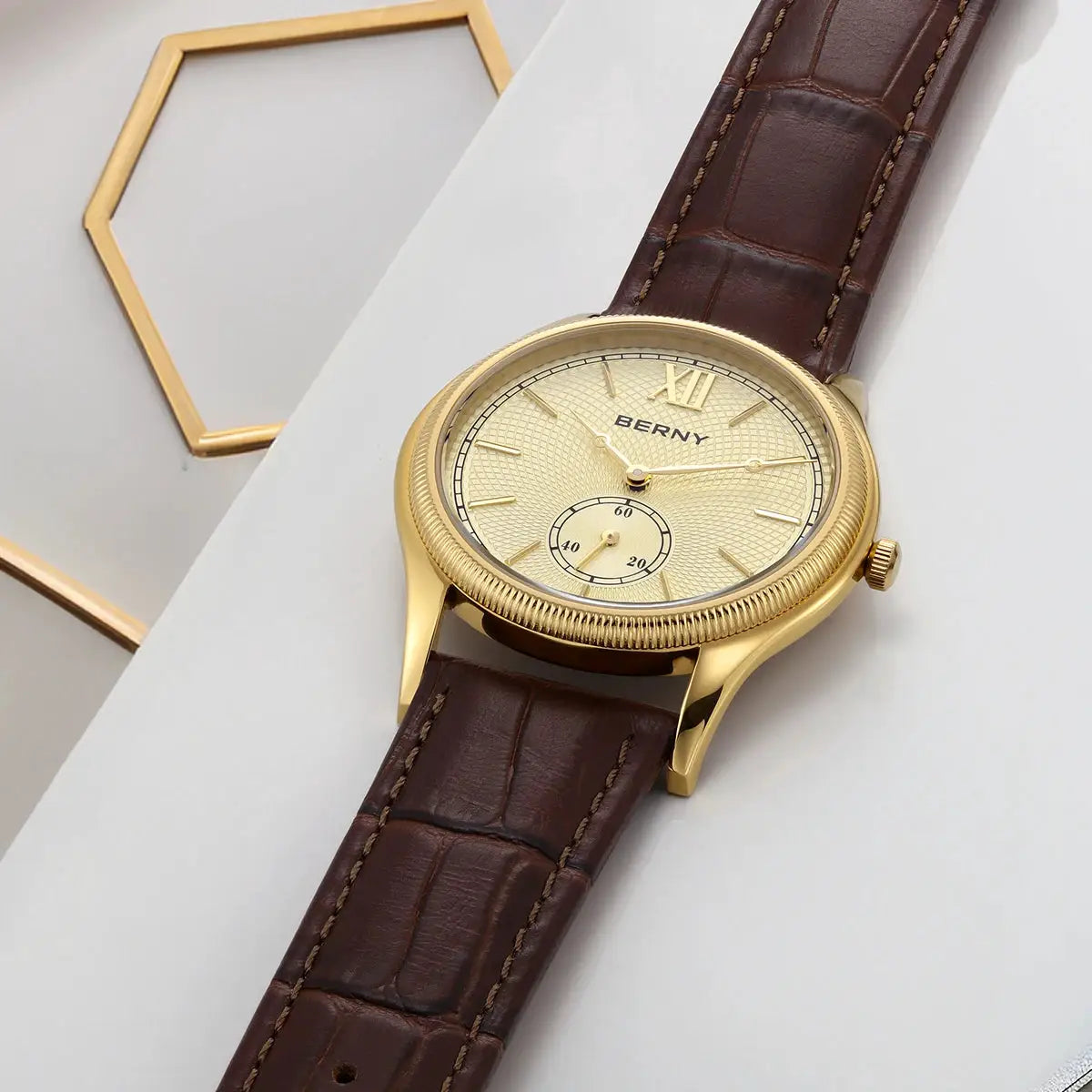 BERNY luxury men's wristwatch, gold-tone case with brown leather strap
