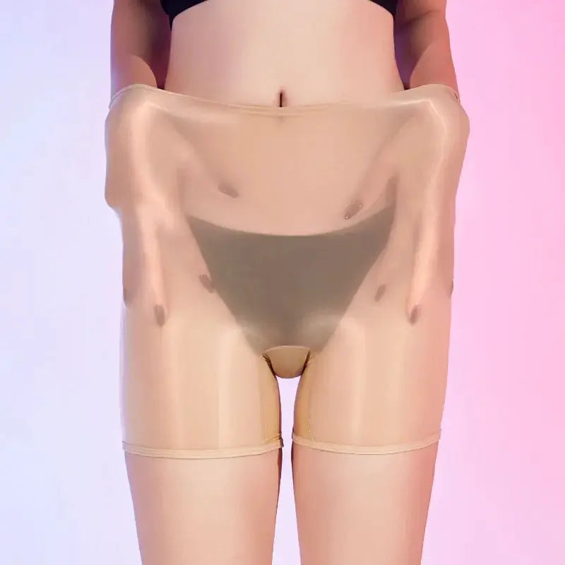 Women’s high-waist glossy see-through boxer underwear in nude beige by Simples Market