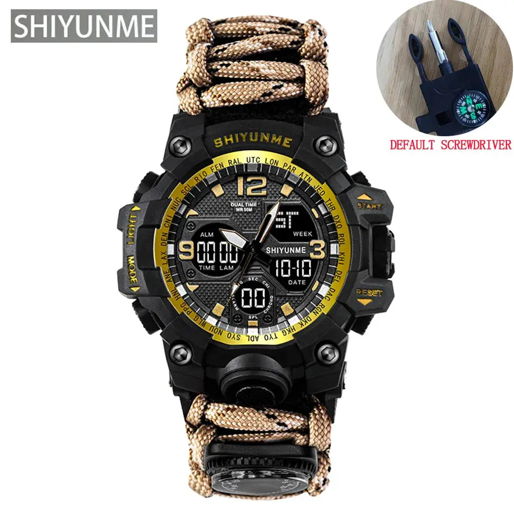 SHIYUNME men's military digital watch with compass, rugged black case and tan paracord strap
