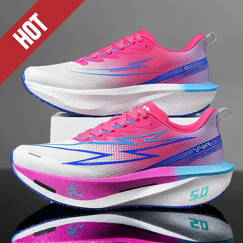 Simples Market pair of pink gradient running shoes with blue accents and AirCushion sole