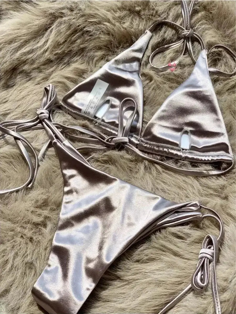 Halter bikini set for women by Simples Market, metallic satin two-piece high-cut swimwear in silvery sheen