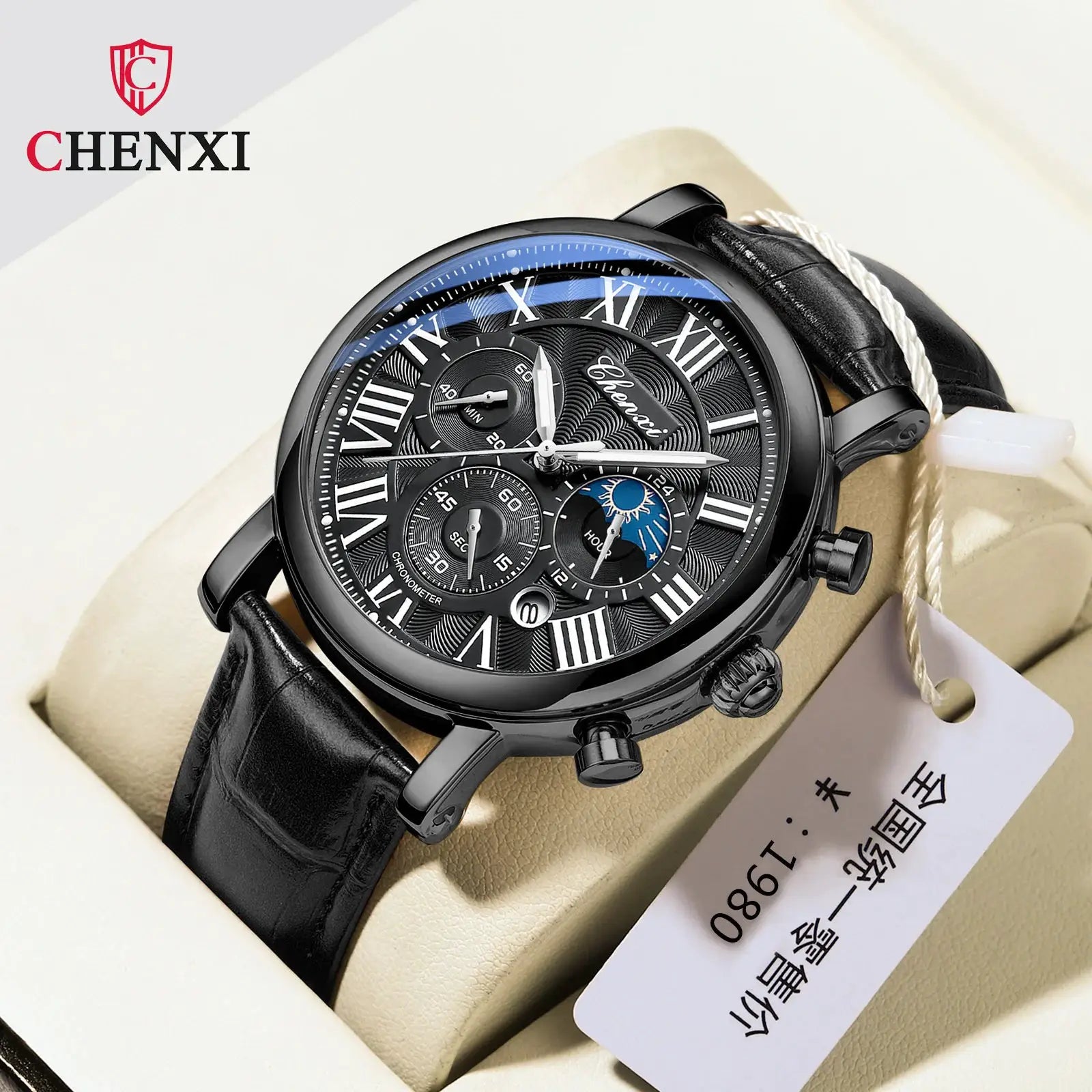 Chenxi 973 Moon Phase Date Analog Mens Wristwatch With Water Resistant Leather Strap And Imported Quartz Movement