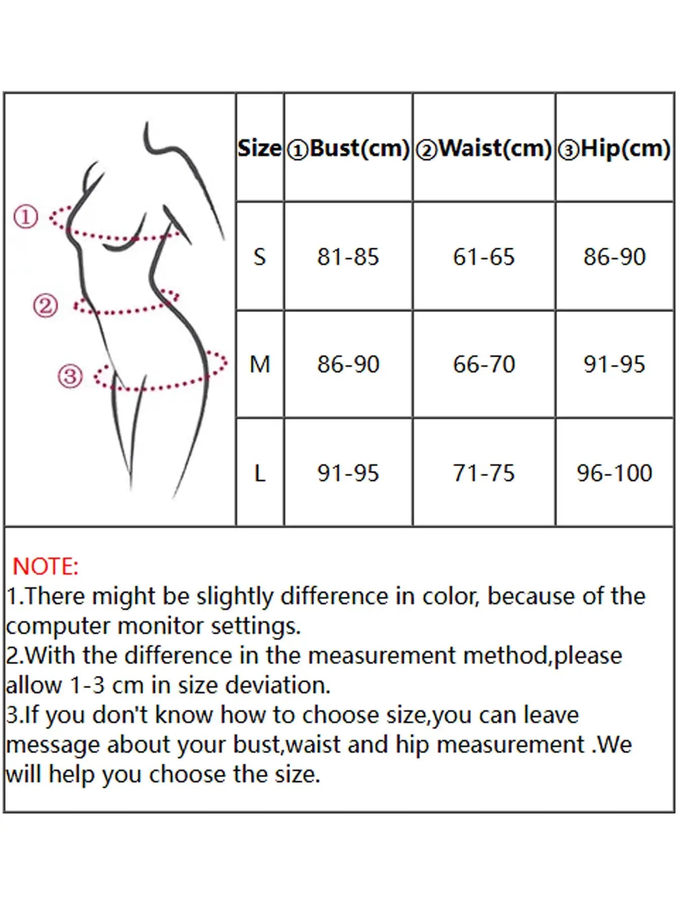 Two-piece bikini size chart for Simples Market halter swimwear showing bust, waist, hip measurements (S-L).