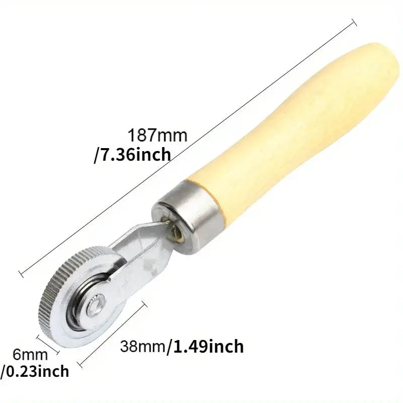 Car tire repair roller with wooden handle and metal wheel, compact patching tool for cars and motorcycles