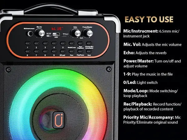 S68 Kara Ok portable Bluetooth speaker by Simples Market with RGB LED ring and dual mic input