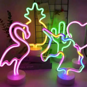 3-piece neon sign USB LED decoration set with flamingo, pineapple and cactus shapes in multicolor by Simples Market