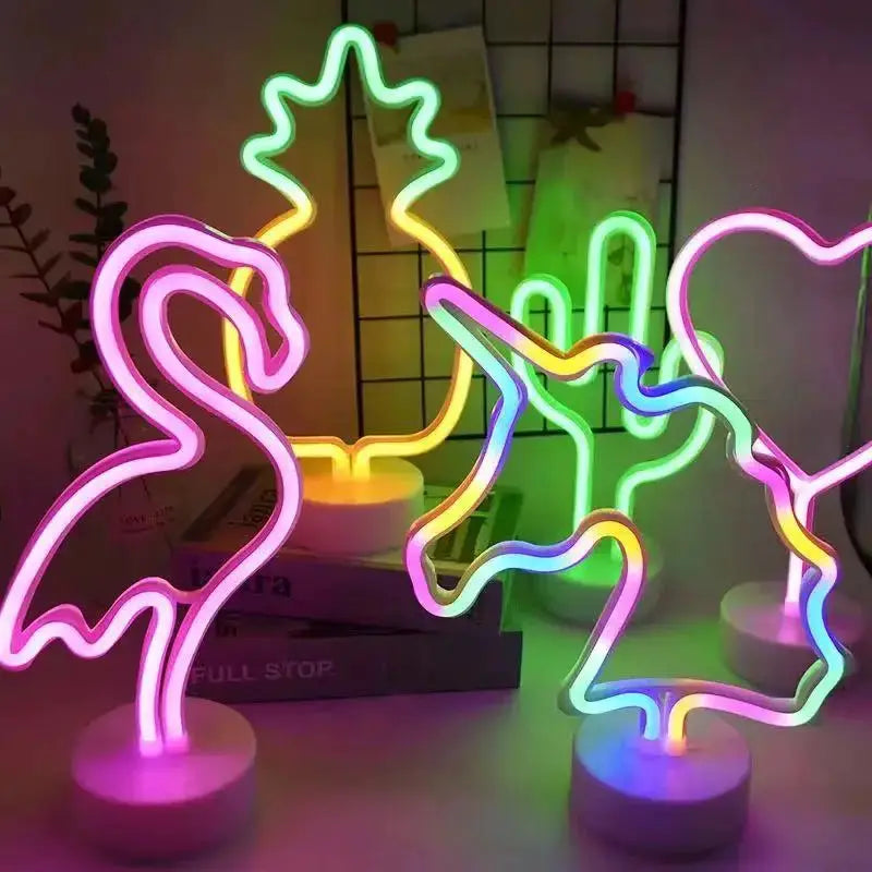 3-piece neon sign USB LED decoration set with flamingo, pineapple and cactus shapes in multicolor by Simples Market