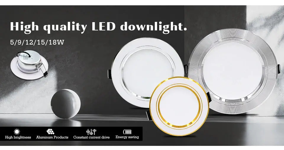 LED downlight set: round recessed ceiling lamps in white with chrome and gold trim, 5-18W variants