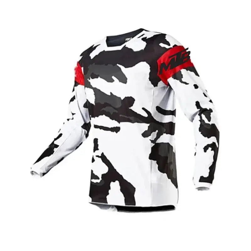 MTB cycling jersey long-sleeve in white-black camouflage with red shoulder accents