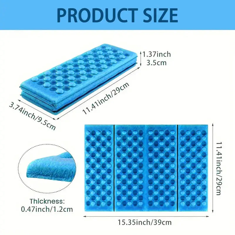 Blue honeycomb massage mat, 6-fold XPE cushion for outdoor use; unfolded 39×29 cm, 1.2 cm thick.