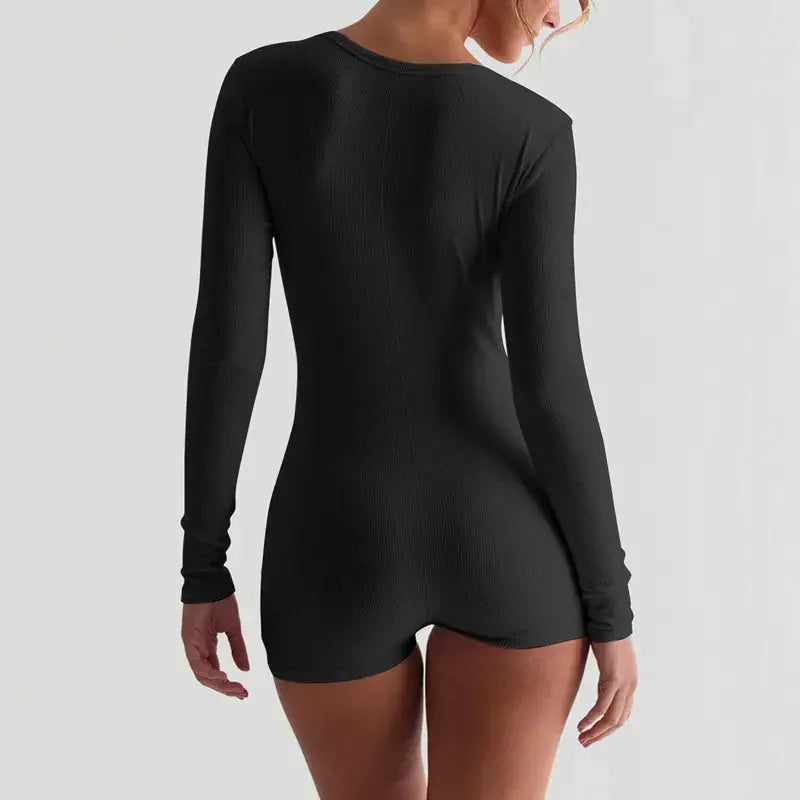 Hugcitar black ribbed long-sleeve playsuit, back view, bodycon romper