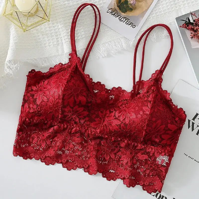 3-piece red lace bralette set, wireless hollow-out floral lace with scalloped edges