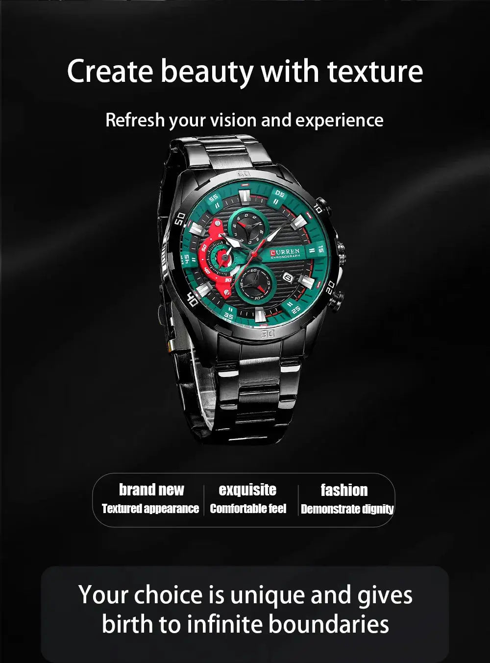 Curren 8402 men's stainless steel watch with luminous teal dial, chronograph, metal bracelet