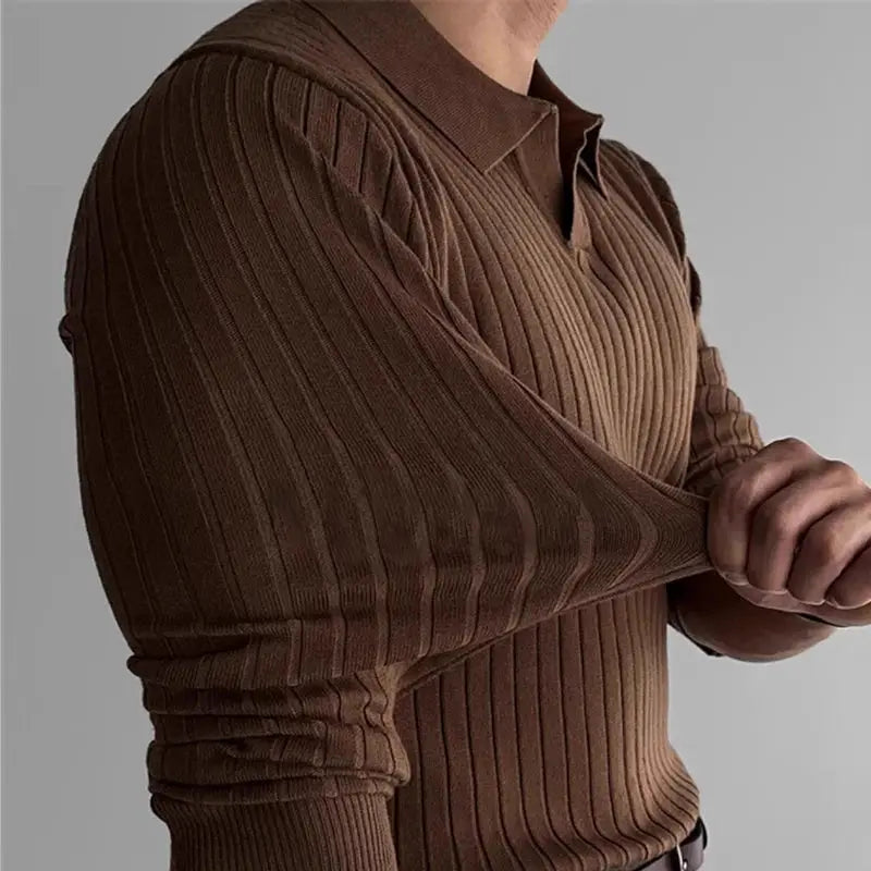 Men's brown ribbed knitted polo shirt with jacquard texture and long sleeves