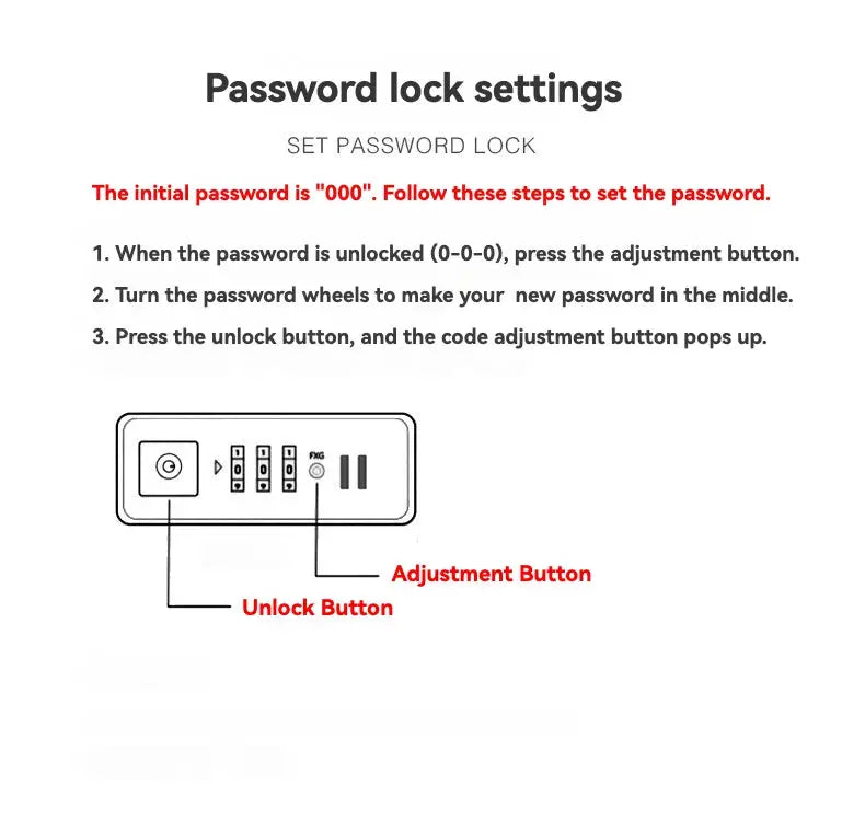 Luggage password lock settings diagram showing unlock and adjustment buttons with step instructions.