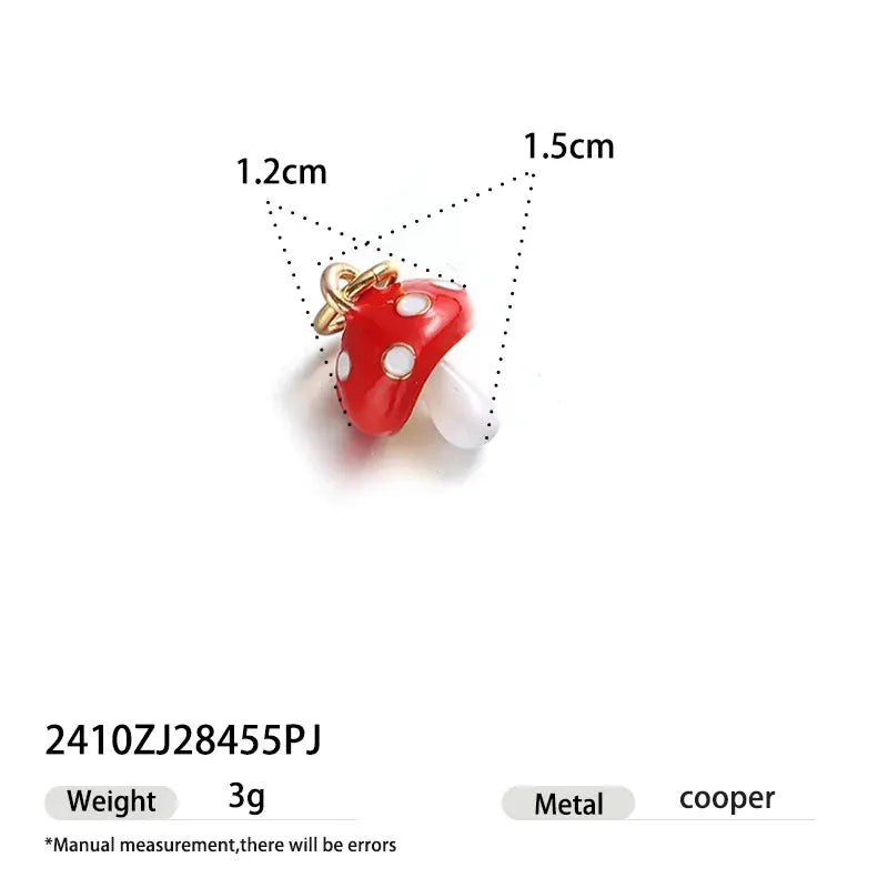 Single hoop earring with red mushroom pendant and white spots on a gold-tone hoop, 1.2–1.5 cm