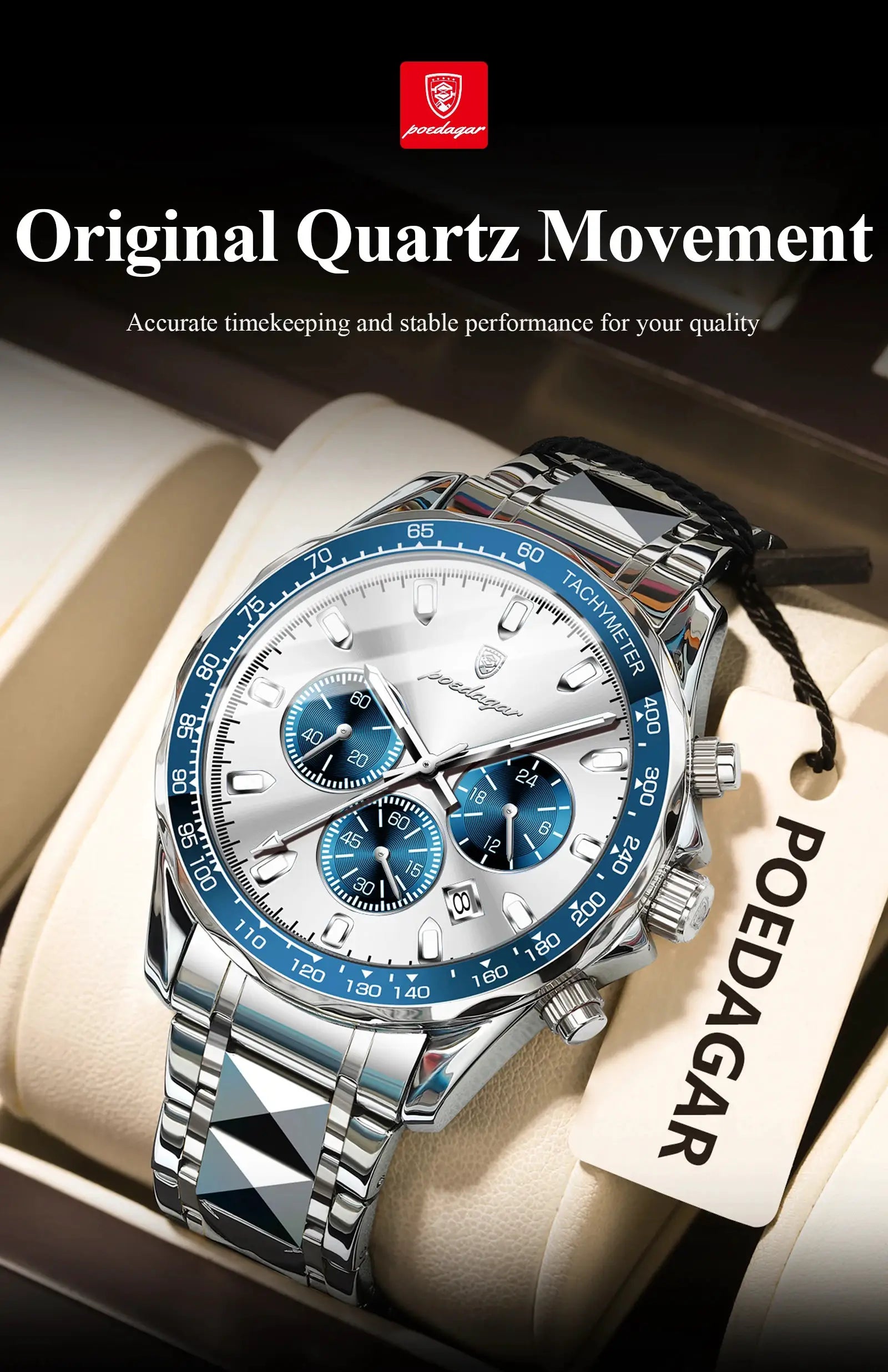 POEDAGAR men's luxury stainless steel watch with blue bezel and chronograph subdials, quartz movement