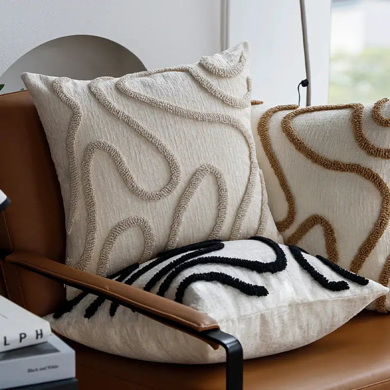 Boho chenille throw pillow covers set of 3 in cream with beige, tan, and black piping, 45x45 cm for sofa living room