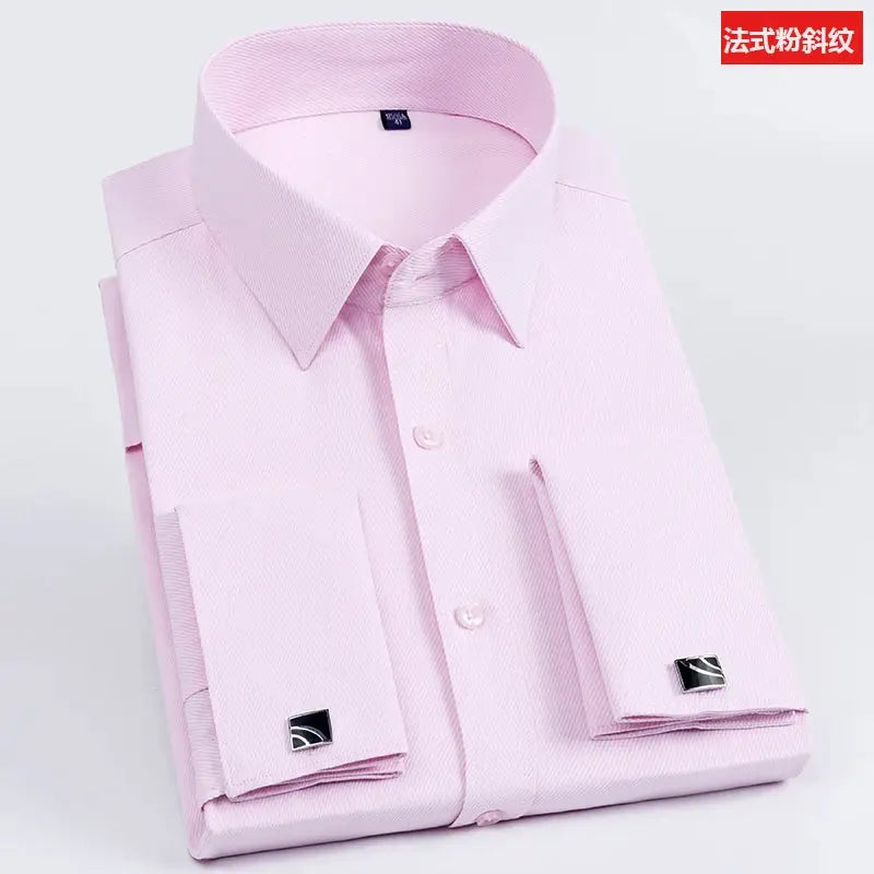 Men's pink slim-fit dress shirt with French cuffs, Simples Market, long sleeves, solid color