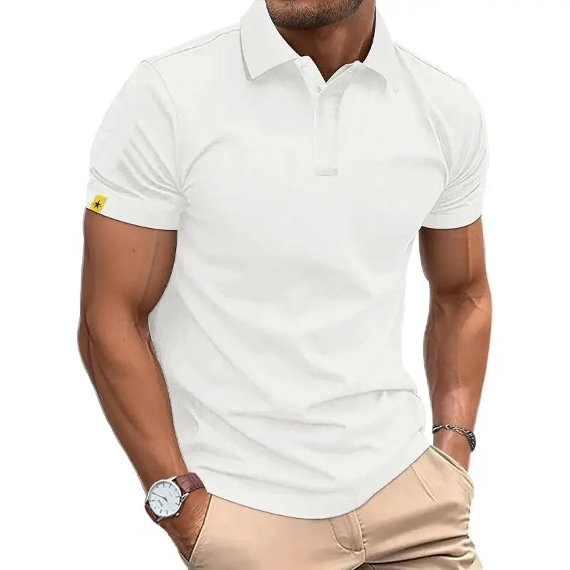 Men's white polo shirt with short sleeves, collar and button placket; lightweight breathable casual business top.