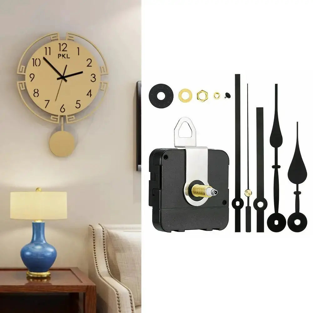 Clock mechanism silent quartz movement kit with assorted black clock hands and mounting hardware for wall clocks