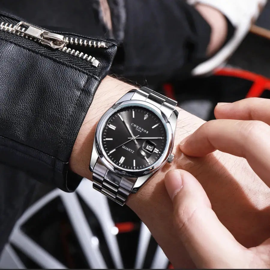 Chronos Luxury Mens Stainless Steel Wristwatch Waterproof Luminous Hands Date Quartz Movement