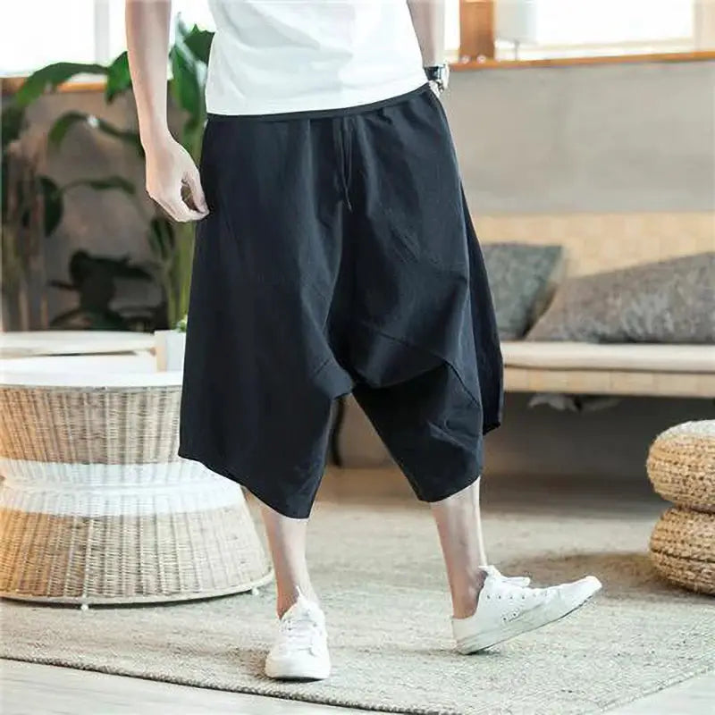 Men's black cotton-linen summer shorts with a Japanese-style wide-leg baggy capri fit by Simples Market