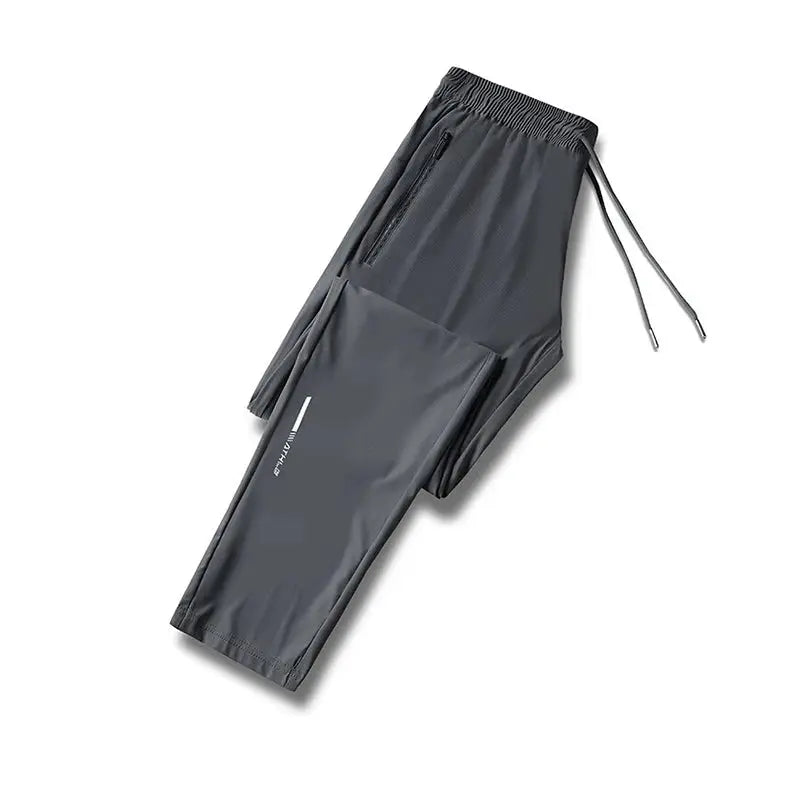 Simples Market men's ice silk pants, grey quick-dry joggers with zip pocket and elastic waistband.