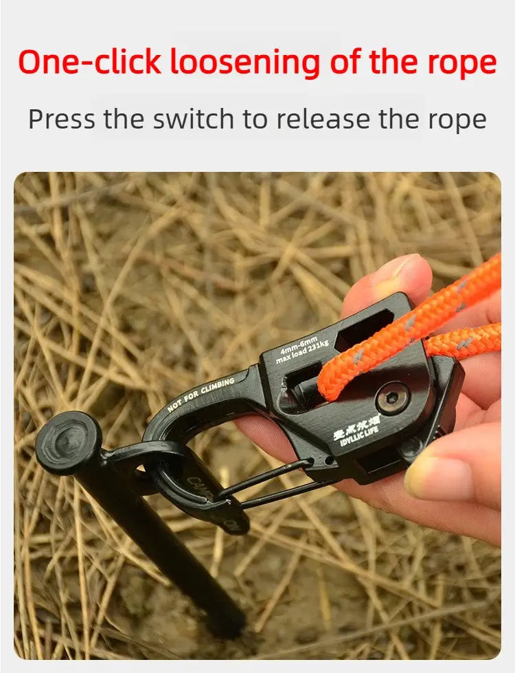 Simples Market tent rope tensioner, aluminum alloy self-lock rope adjuster for 2–10mm rope, black with orange cord