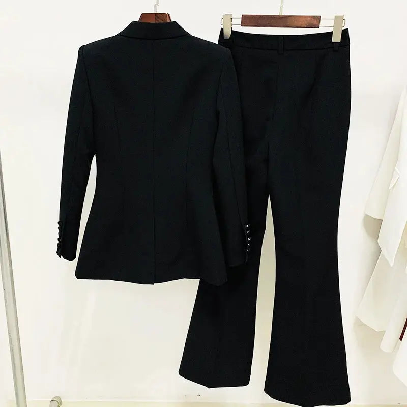 Black two-piece women's blazer and pants suit set with a single-button blazer and flare pants
