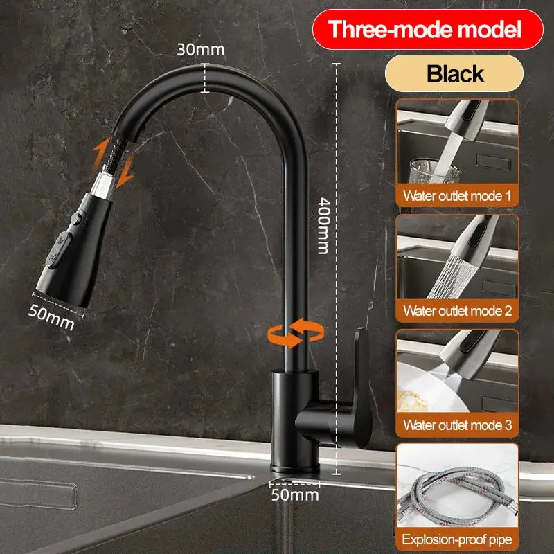 Simples Market stainless steel kitchen pull-out faucet with hot/cold water, black finish, three spray modes