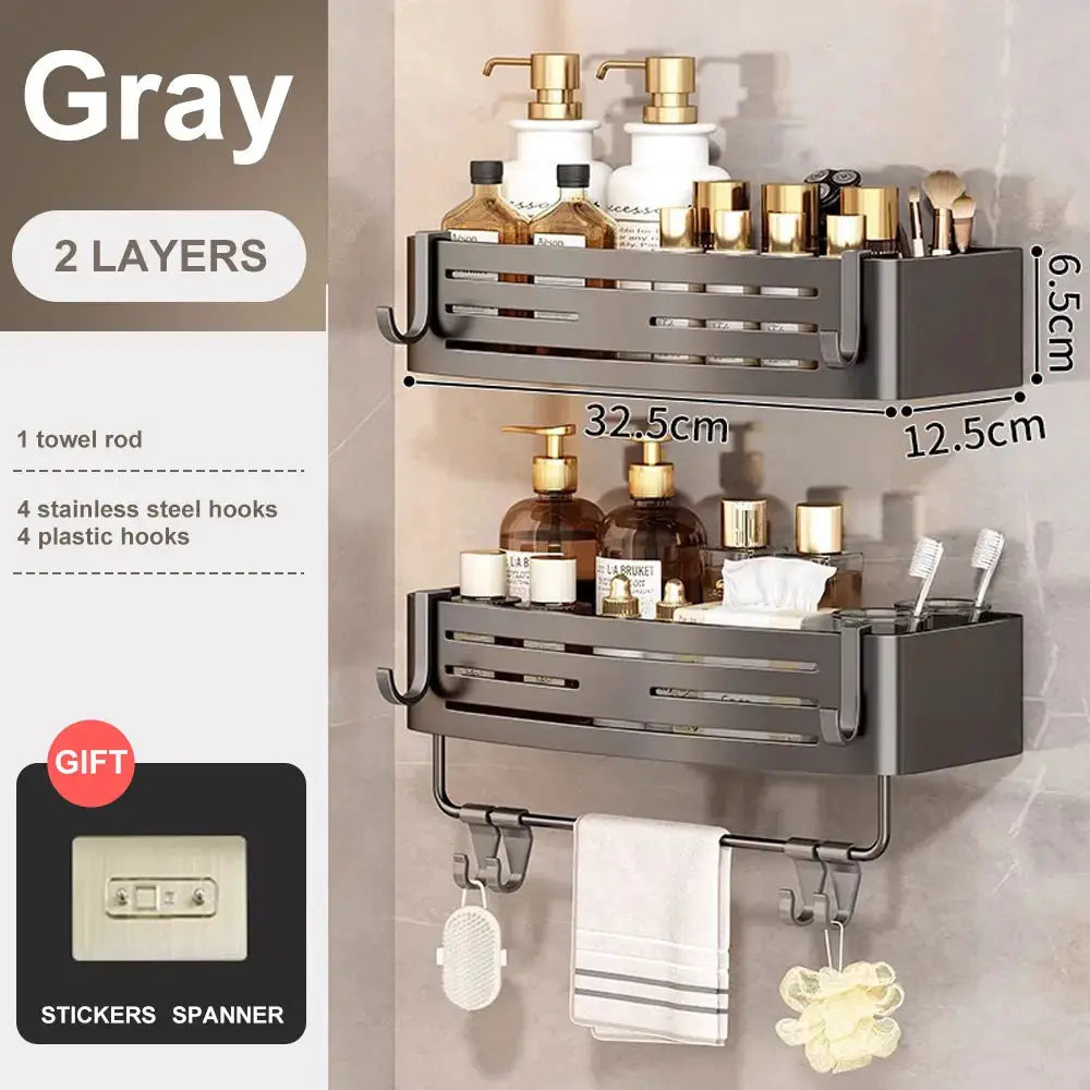 Simples Market gray 2-layer bathroom corner shelf with towel bar and hooks (2 pcs), aluminum shower organizer
