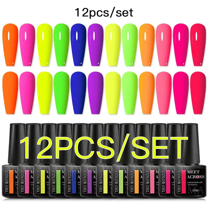 MEET ACROSS 12-piece neon gel nail polish set, pink glitter and blue shades, Simples Market