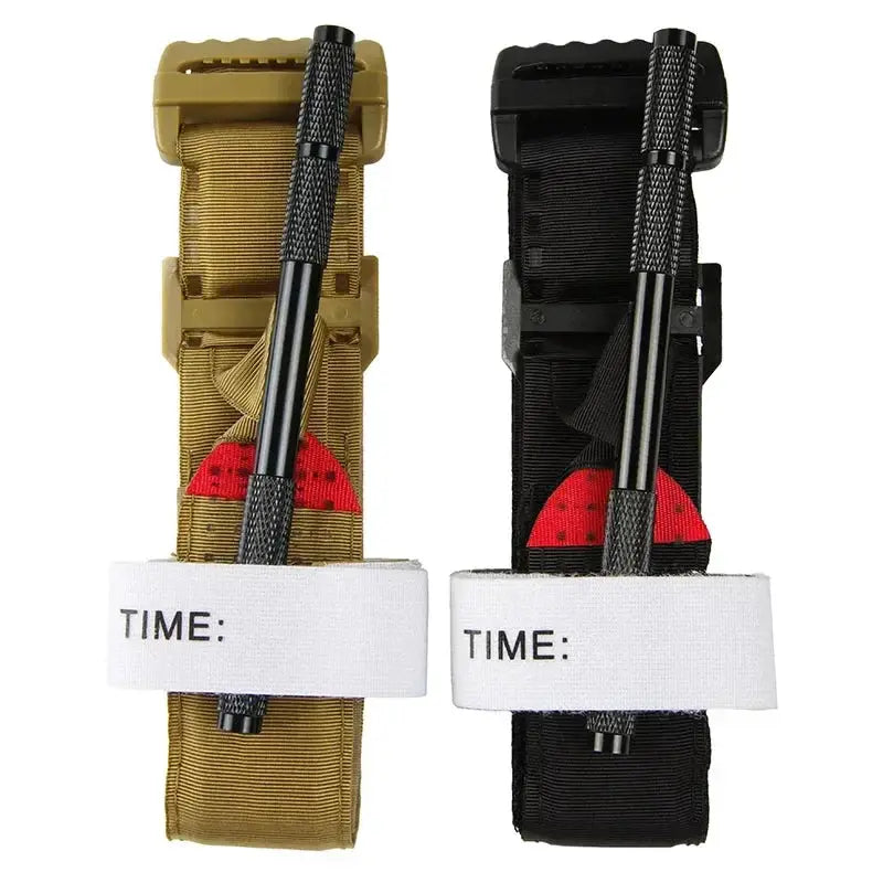2-pack tactical tourniquet kit in tan and black nylon pouches with aluminum rods and time labels.