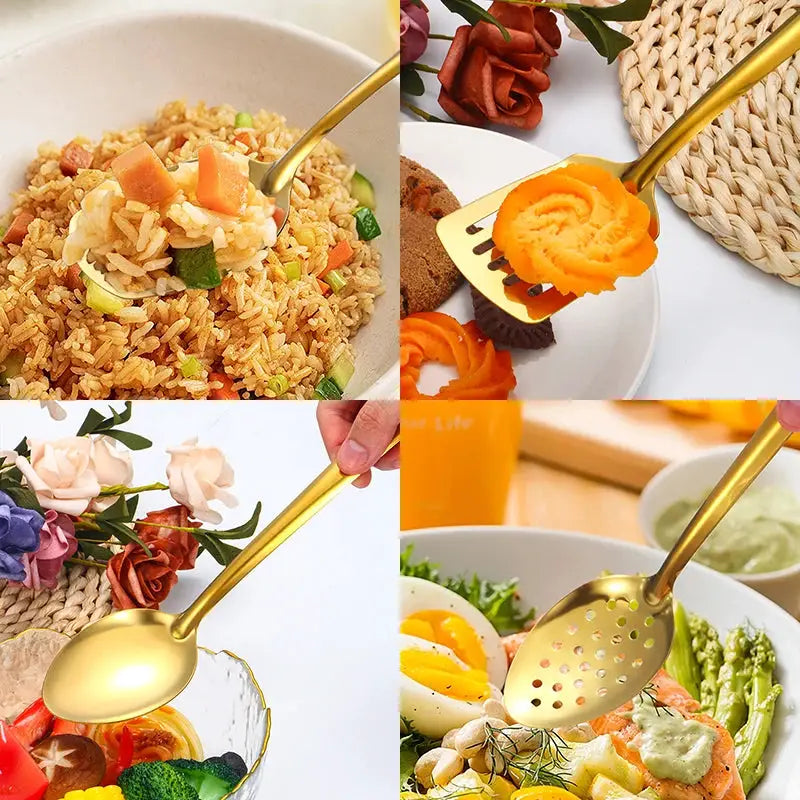 Two And Six Piece Stainless Steel Kitchenware Set Korean Golden Design Soup Spoon Colander Hot Pot Spoon Frying Spoon
