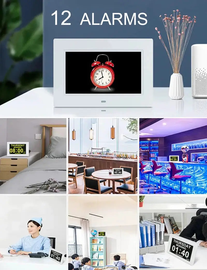 Simples Market 12-alarms LED calendar clock with multilingual display in a white frame; shown in various rooms.