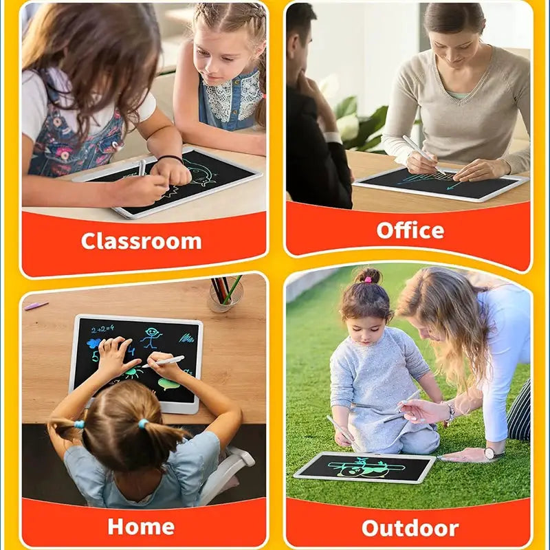 13/16 inch LCD drawing tablet for kids; white frame, black writing surface; set of 4 shown in classroom, home, office, outdoor.