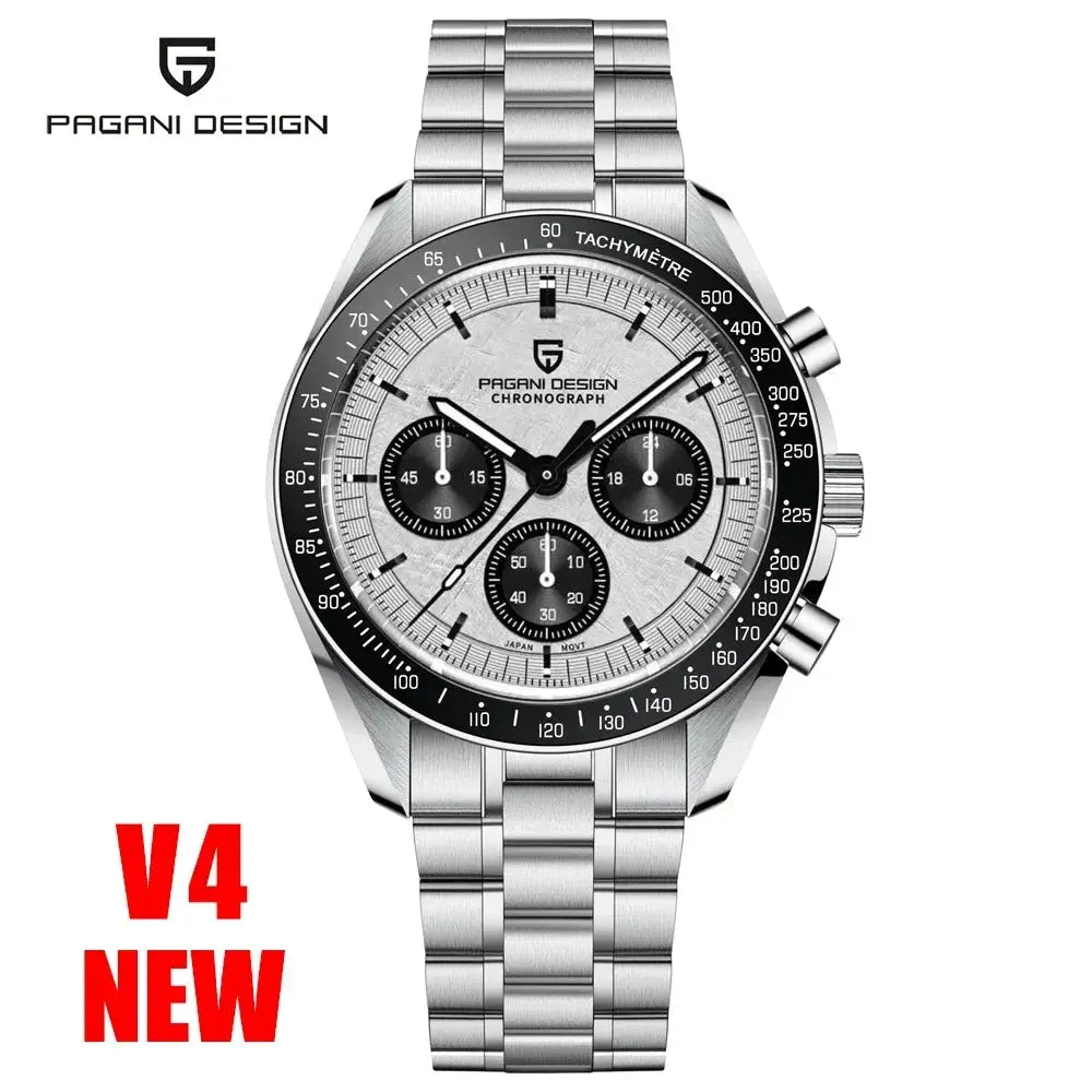 Pagani Design PD1701 V5 men's chronograph watch, stainless steel bracelet, AR sapphire glass, 100m water resistant