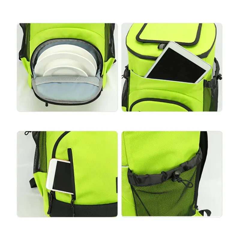 Simples Market neon green 30L insulated cooler backpack with tablet pocket, phone sleeve and side mesh pocket