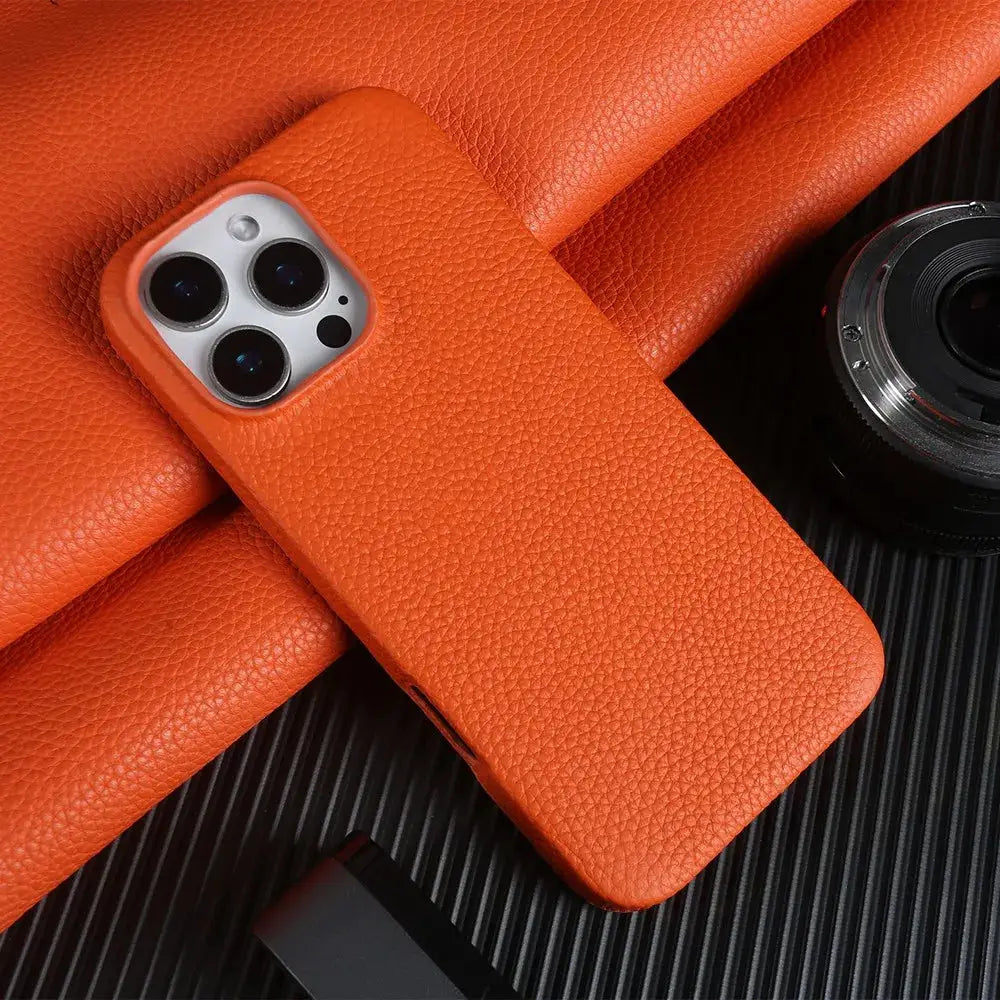 Simples Market orange genuine leather MagSafe case for iPhone 11–16 Pro Max, full-wrap back cover