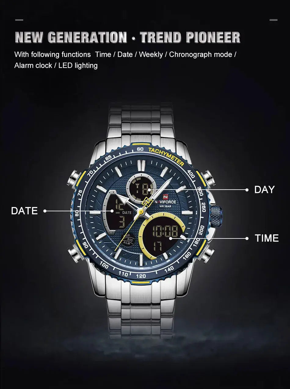 NAVIFORCE men's chronograph wristwatch with stainless steel band, blue dial and tachymeter bezel