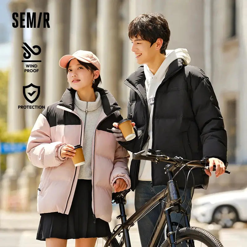 Semir down jackets for men and women; pink and black puffer outerwear, windproof waterproof