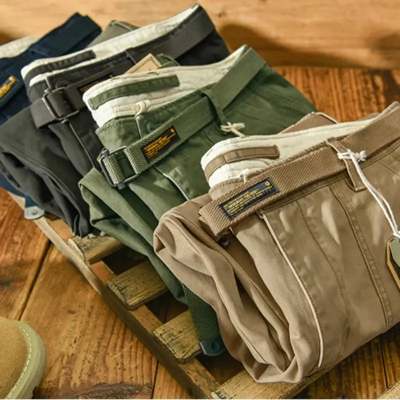 Men's cargo pants in assorted colors with belts; pure cotton fabric, mid-waist, slim jogger style AZ329/AZ378.