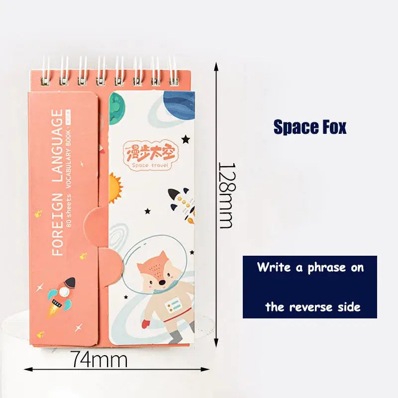Simples Market foreign language notebook set; peach pink spiral notebook paired with space fox design, 2-piece