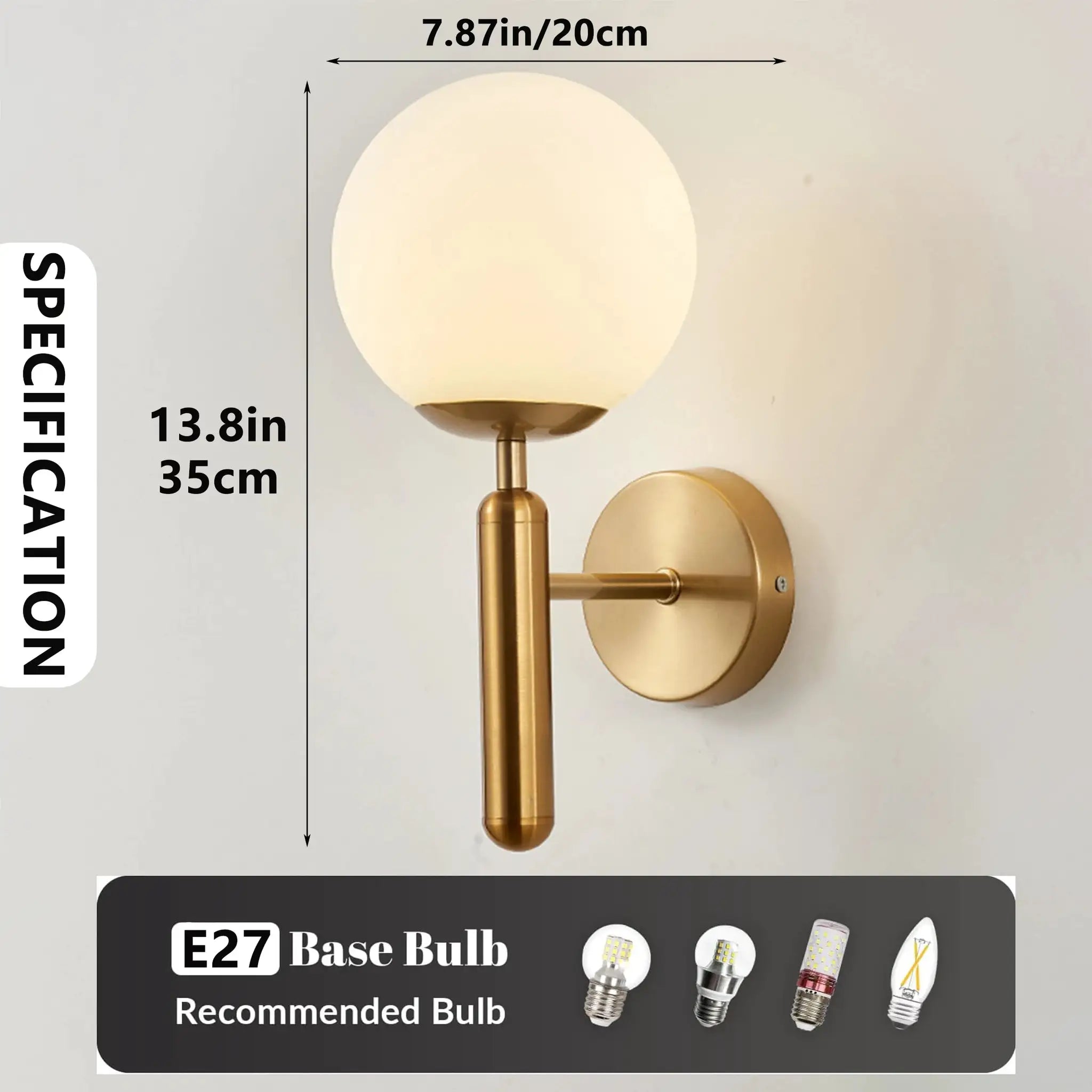 Simples Market modern indoor wall light with brass finish and white glass globe shade