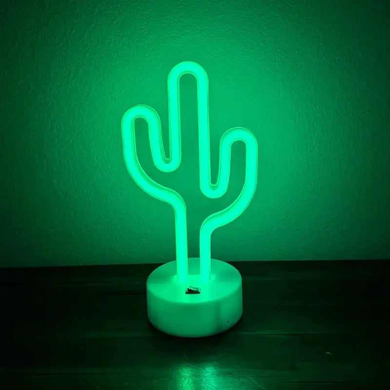 Simples Market cactus neon sign lamp, green LED cactus on a white base, USB/battery powered decor