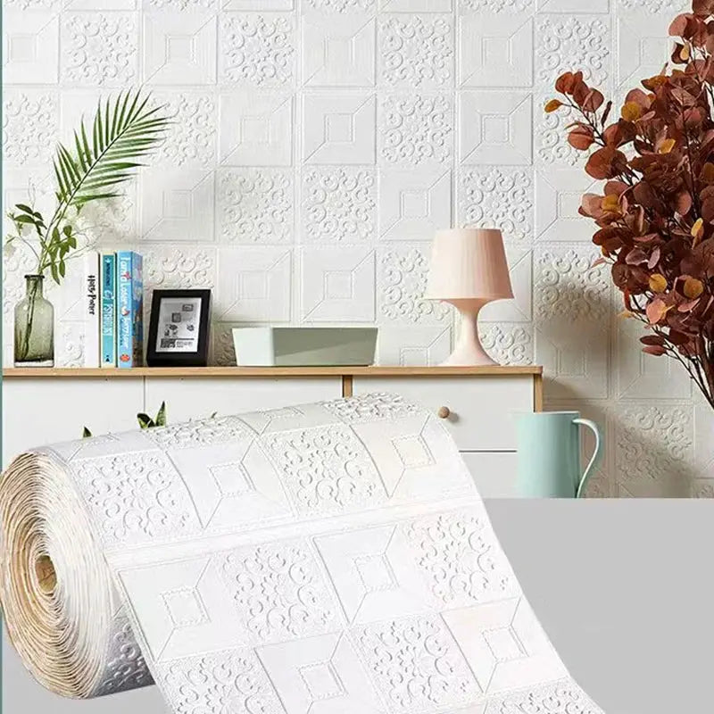 Simples Market 3D brick-pattern wall panels wallpaper, white embossed waterproof roll (70cm x 1m)
