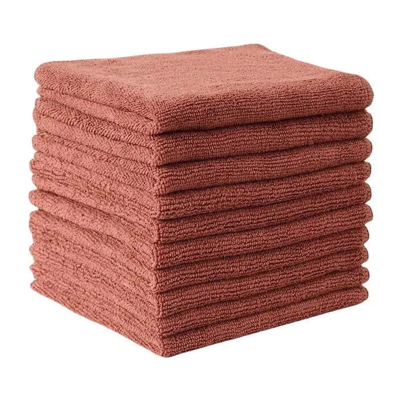Microfiber car cleaning towels stack; thick red-brown, soft quick-drying double-layer cloths